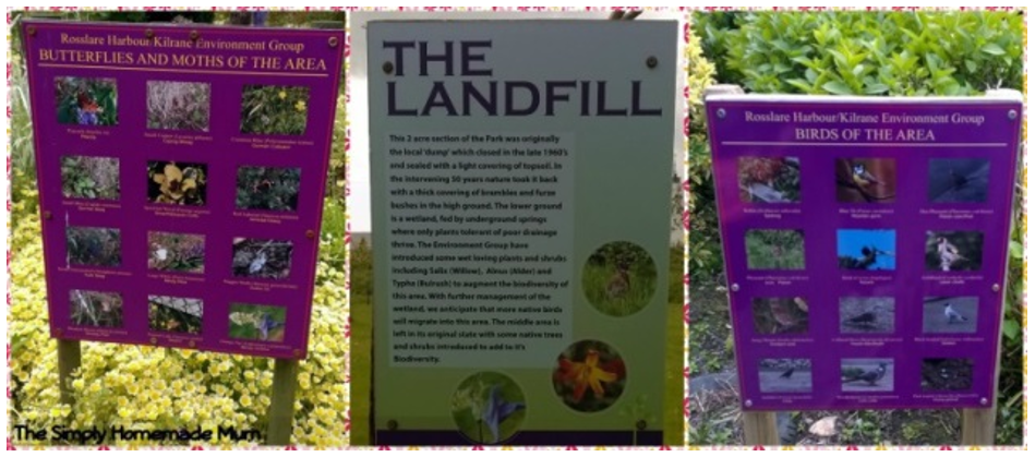 Collage of photographs of three park signs - one with information on 'Landfill'